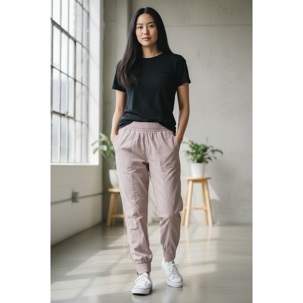 Cala‎ Active Women Jogger Pants Size M Smocked Waist Zipper Ankle Casual Beige